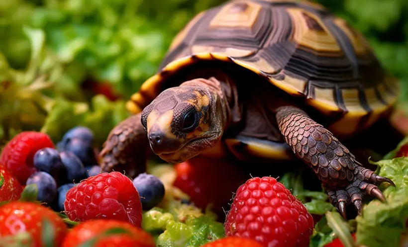 baby Red Foot Tortoise eating its food